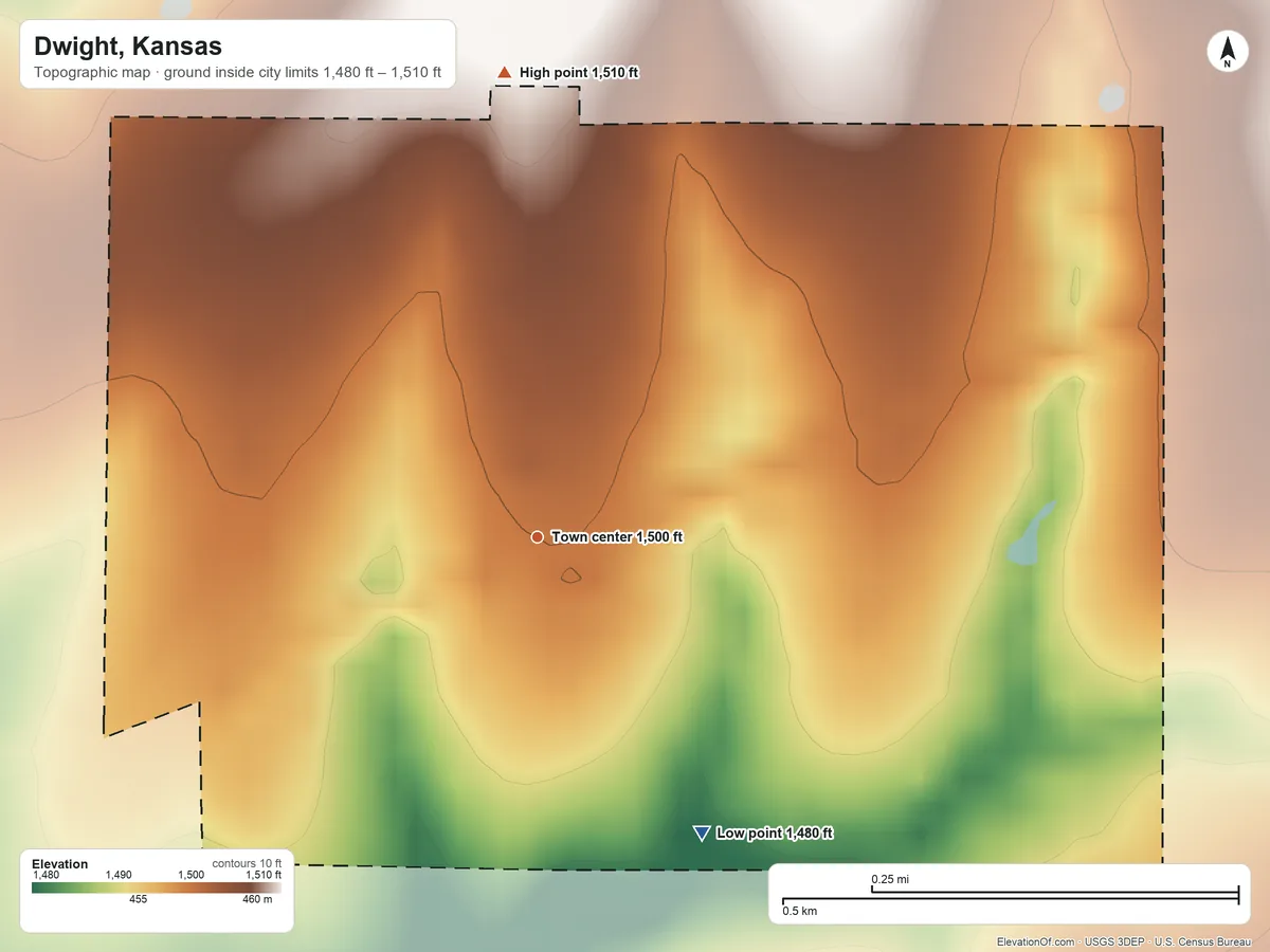 Topographic elevation map of Dwight, Kansas, shaded from 1,480 ft on the southeast side to 1,510 ft on the north side