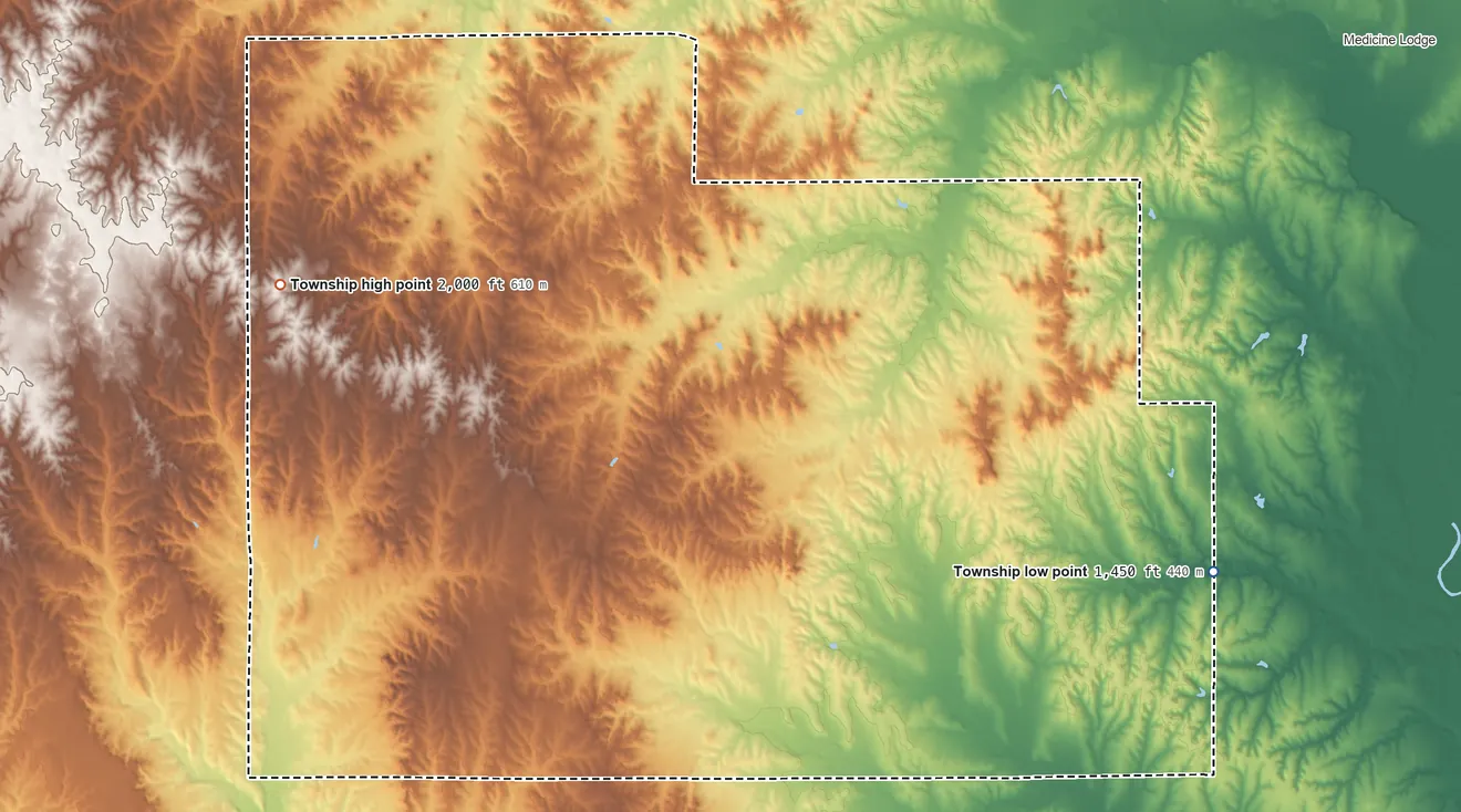Topographic elevation map of Eagle Township, Barber County, Kansas, shaded from 1,450 ft on the east side to 2,000 ft on the northwest side