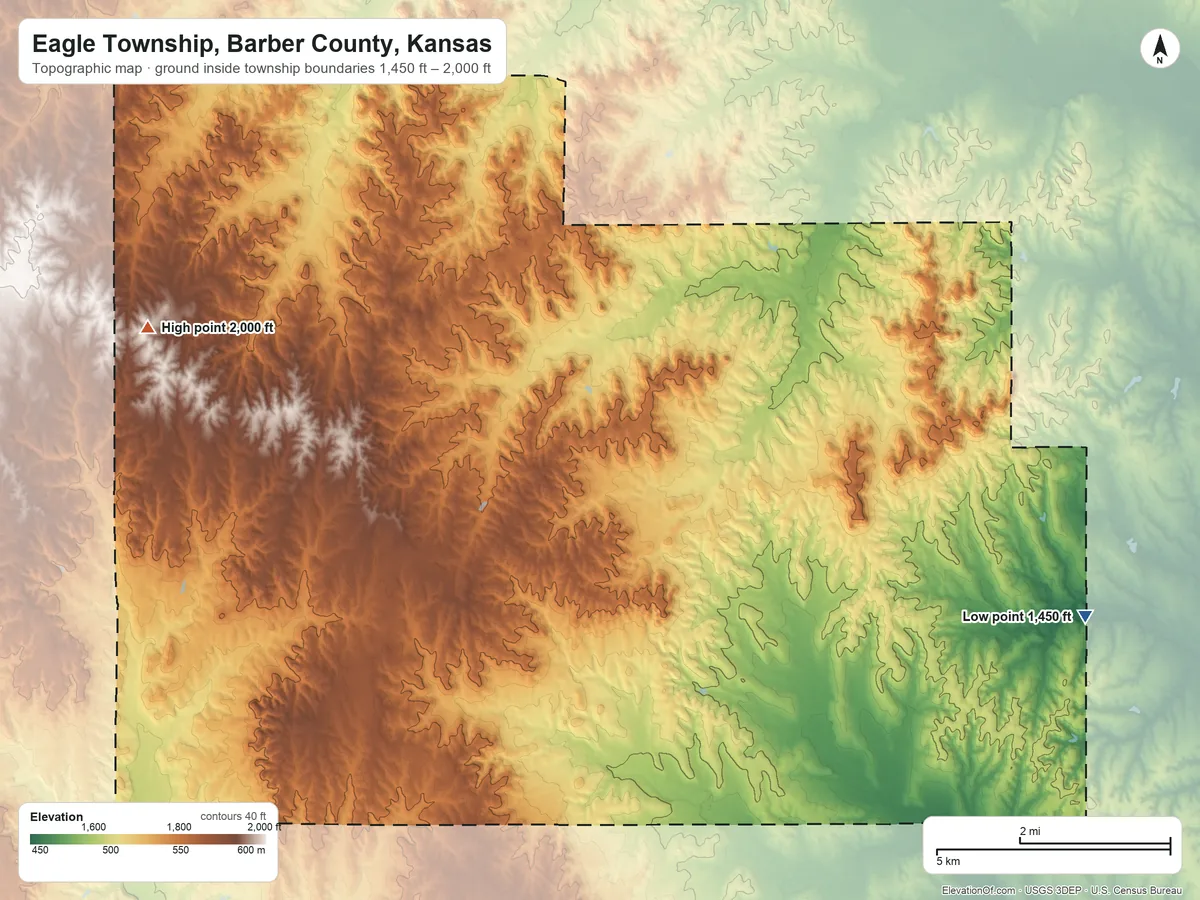 Topographic elevation map of Eagle Township, Barber County, Kansas, shaded from 1,450 ft on the east side to 2,000 ft on the northwest side