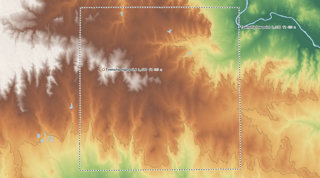 Topographic elevation map of Eagle Township, Kingman County, Kansas, shaded from 1,390 ft on the northeast side to 1,600 ft on the west side
