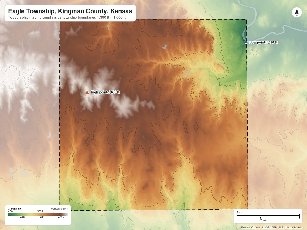 Topographic elevation map of Eagle Township, Kingman County, Kansas, shaded from 1,390 ft on the northeast side to 1,600 ft on the west side