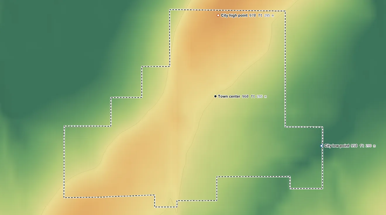 Topographic elevation map of Earlton, Kansas, shaded from 950 ft on the southeast side to 970 ft on the north side