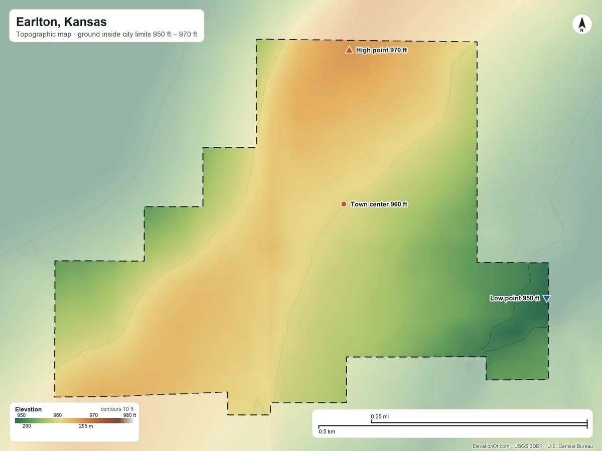 Topographic elevation map of Earlton, Kansas, shaded from 950 ft on the southeast side to 970 ft on the north side