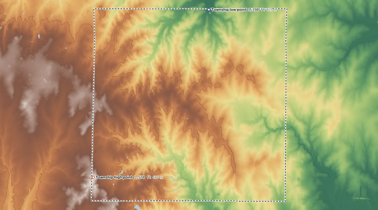Topographic elevation map of East Branch Township, Kansas, shaded from 1,390 ft on the northeast side to 1,570 ft on the southwest side