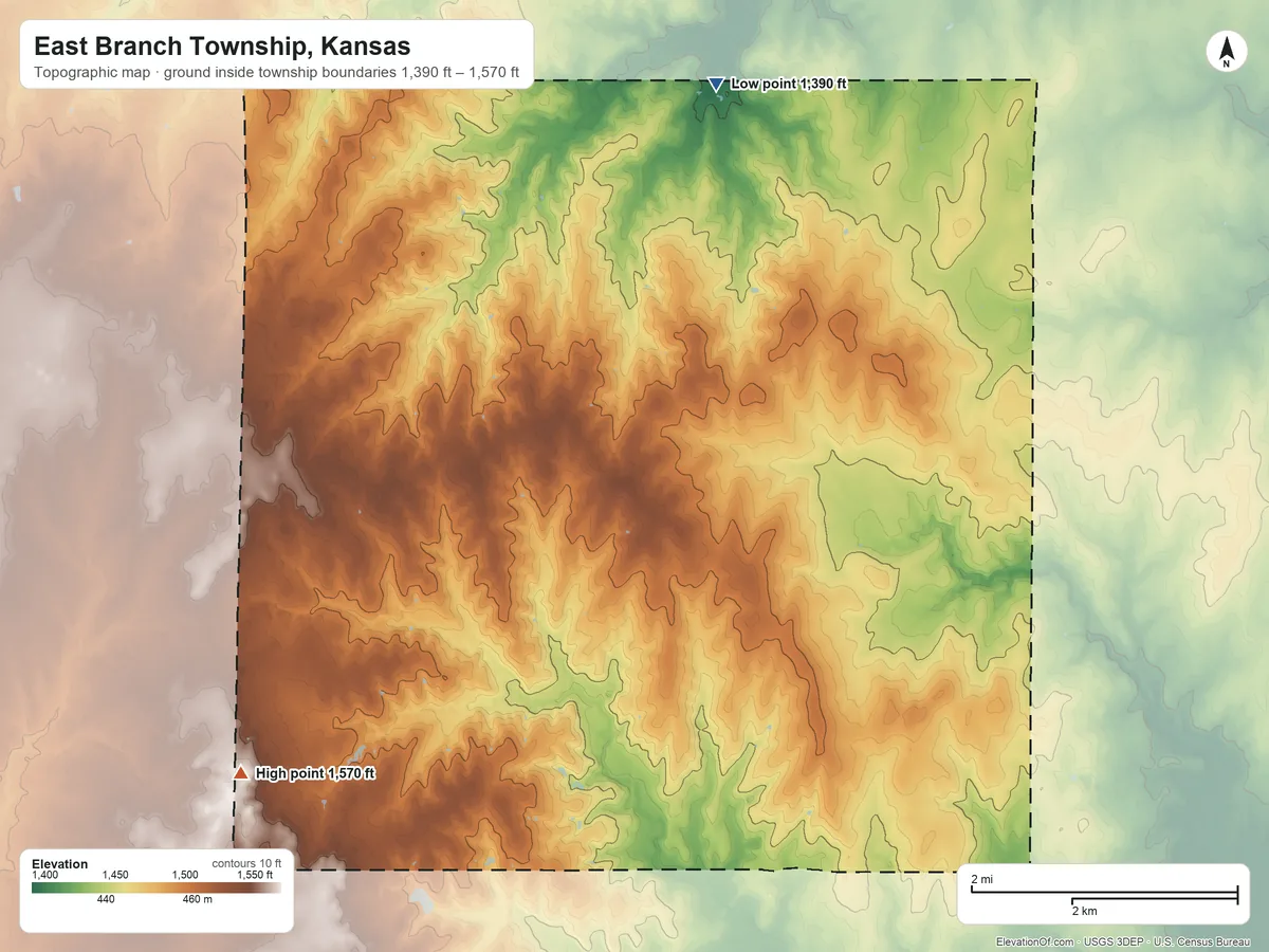 Topographic elevation map of East Branch Township, Kansas, shaded from 1,390 ft on the northeast side to 1,570 ft on the southwest side