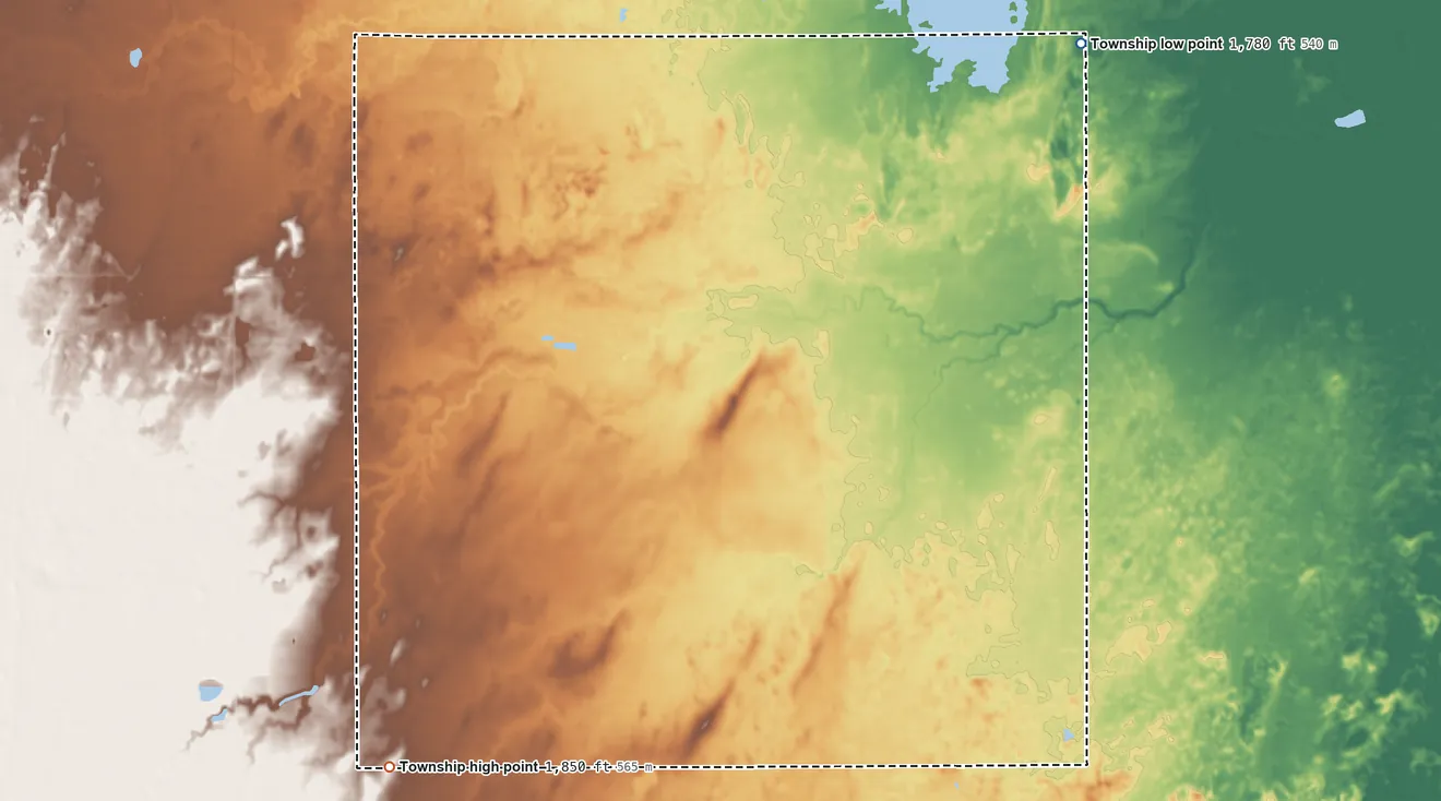 Topographic elevation map of East Cooper Township, Kansas, shaded from 1,780 ft on the northeast side to 1,850 ft on the southwest side