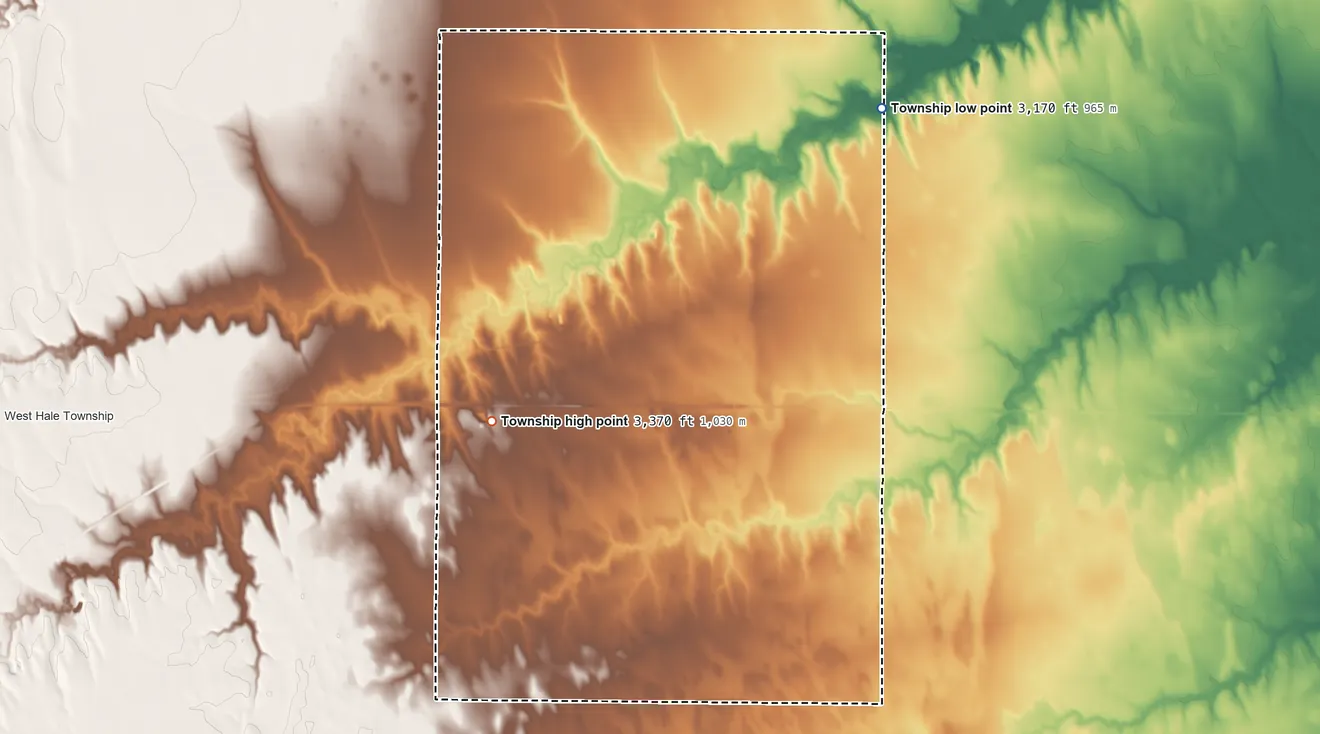 Topographic elevation map of East Hale Township, Kansas, shaded from 3,170 ft on the northeast side to 3,370 ft on the west side