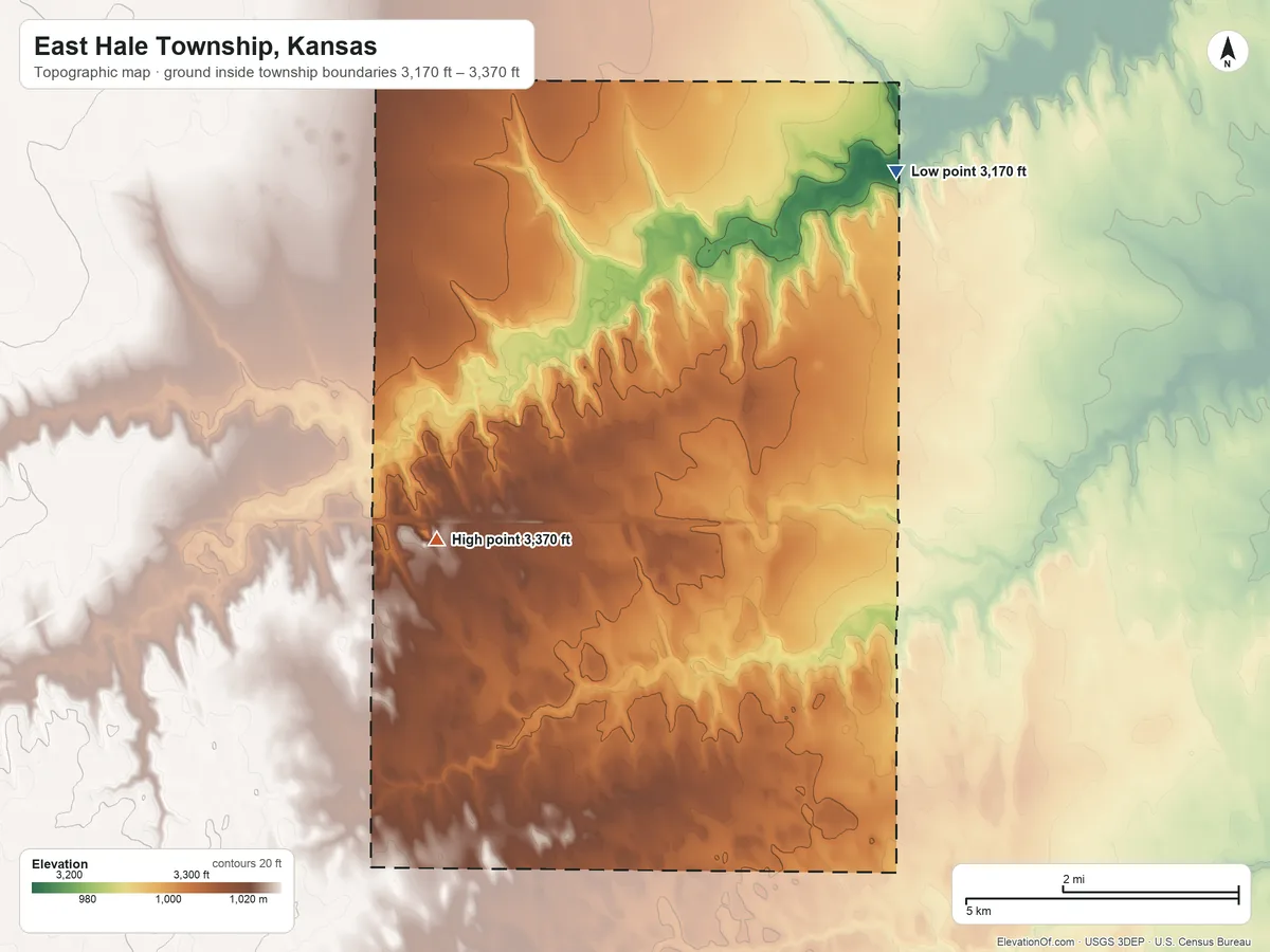 Topographic elevation map of East Hale Township, Kansas, shaded from 3,170 ft on the northeast side to 3,370 ft on the west side