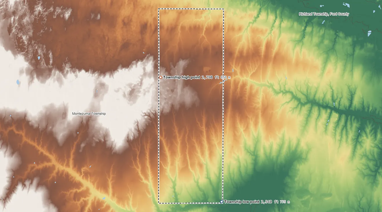 Topographic elevation map of East Hess Township, Kansas, shaded from 2,540 ft on the south side to 2,790 ft on the west side