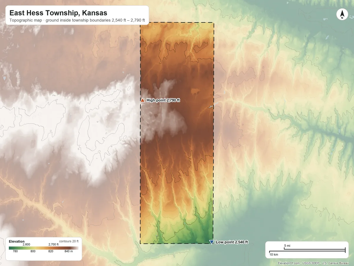 Topographic elevation map of East Hess Township, Kansas, shaded from 2,540 ft on the south side to 2,790 ft on the west side