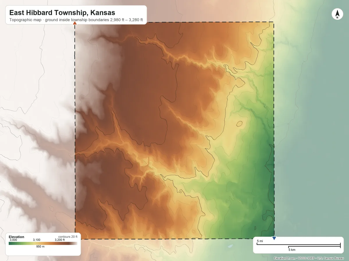 Topographic elevation map of East Hibbard Township, Kansas, shaded from 2,980 ft on the southeast side to 3,280 ft on the northwest side