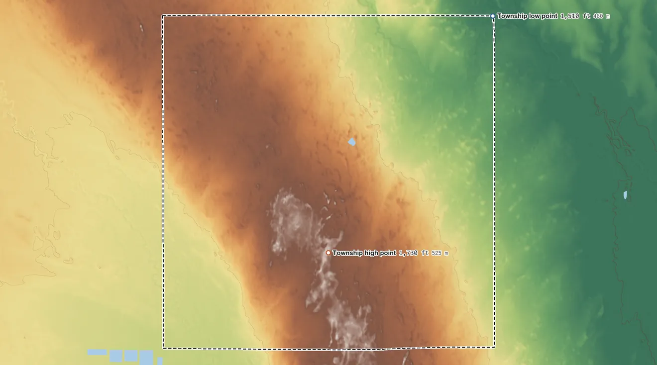 Topographic elevation map of East Washington Township, Kansas, shaded from 1,510 ft on the northeast side to 1,730 ft on the southwest side