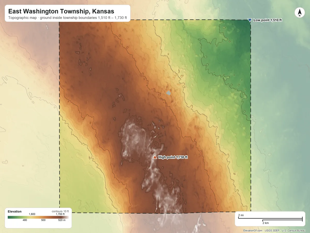 Topographic elevation map of East Washington Township, Kansas, shaded from 1,510 ft on the northeast side to 1,730 ft on the southwest side