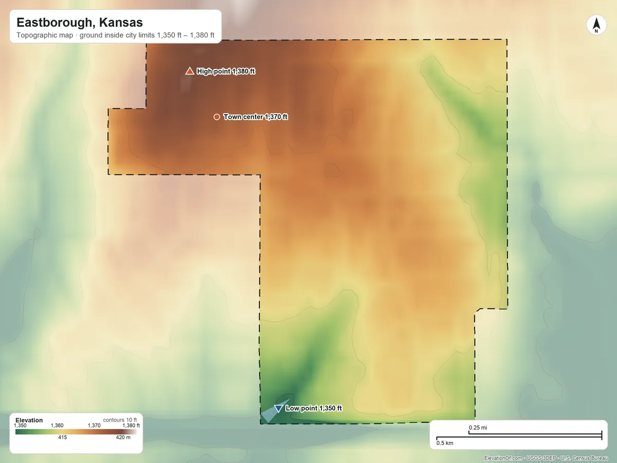 Topographic elevation map of Eastborough, Kansas, shaded from 1,350 ft on the south side to 1,380 ft near the middle