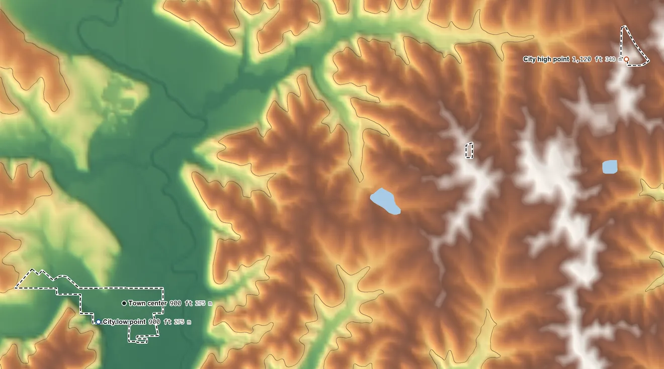 Topographic elevation map of Easton, Kansas, shaded from 900 ft near the middle to 1,120 ft on the northeast side