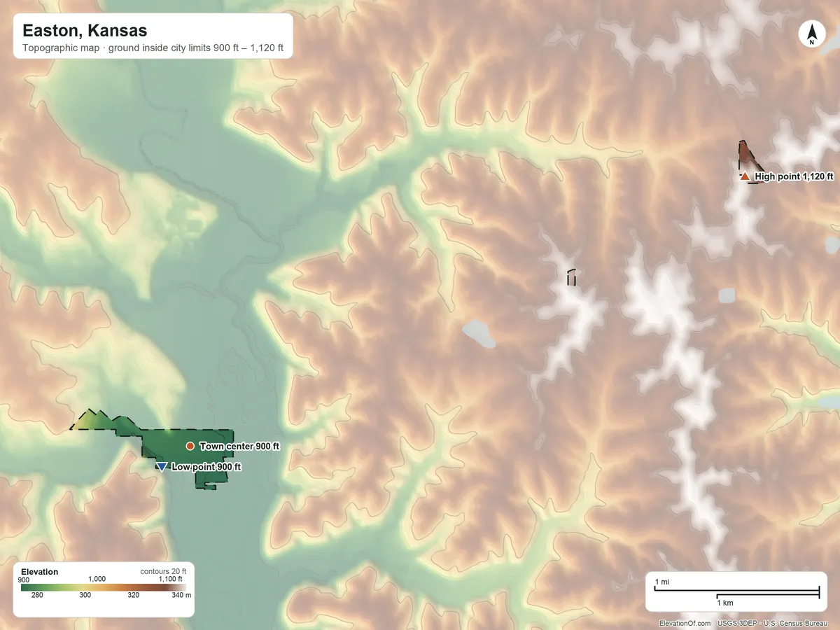 Topographic elevation map of Easton, Kansas, shaded from 900 ft near the middle to 1,120 ft on the northeast side