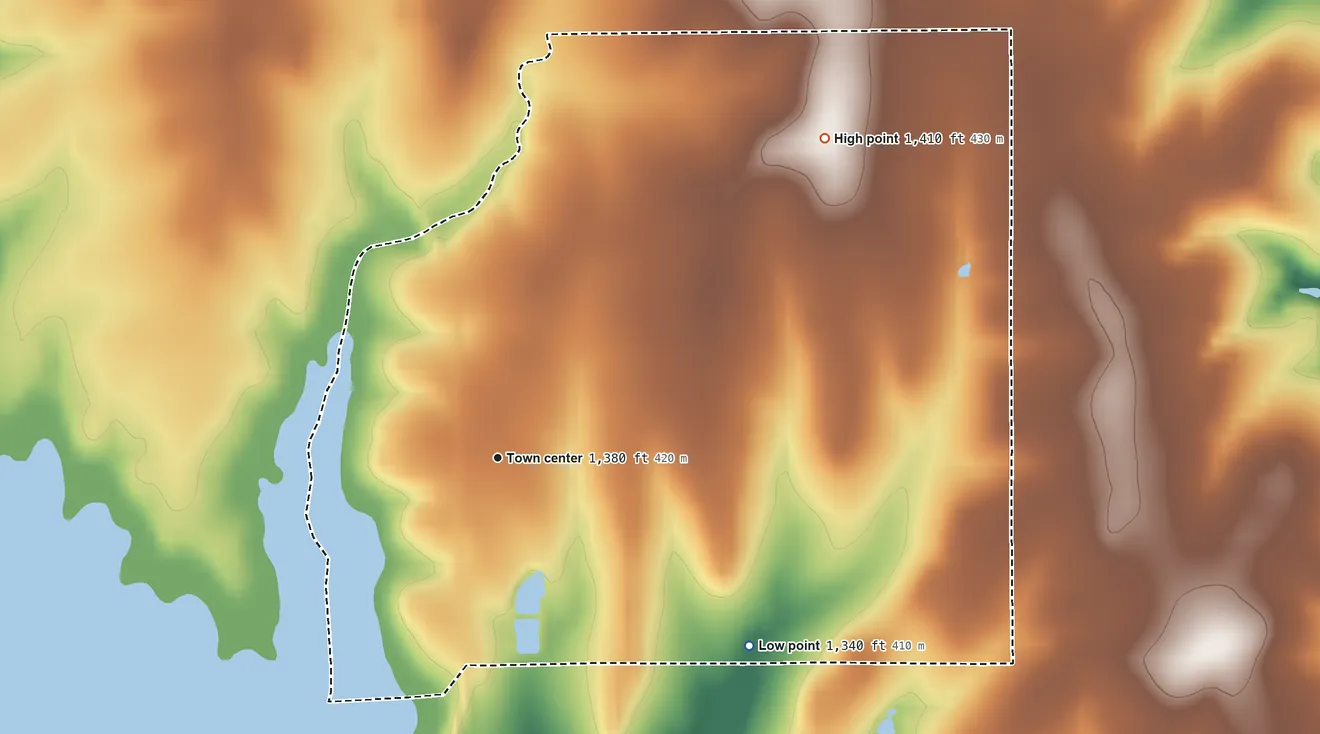 Topographic elevation map of Eastshore, Kansas, shaded from 1,340 ft on the southeast side to 1,410 ft on the northeast side