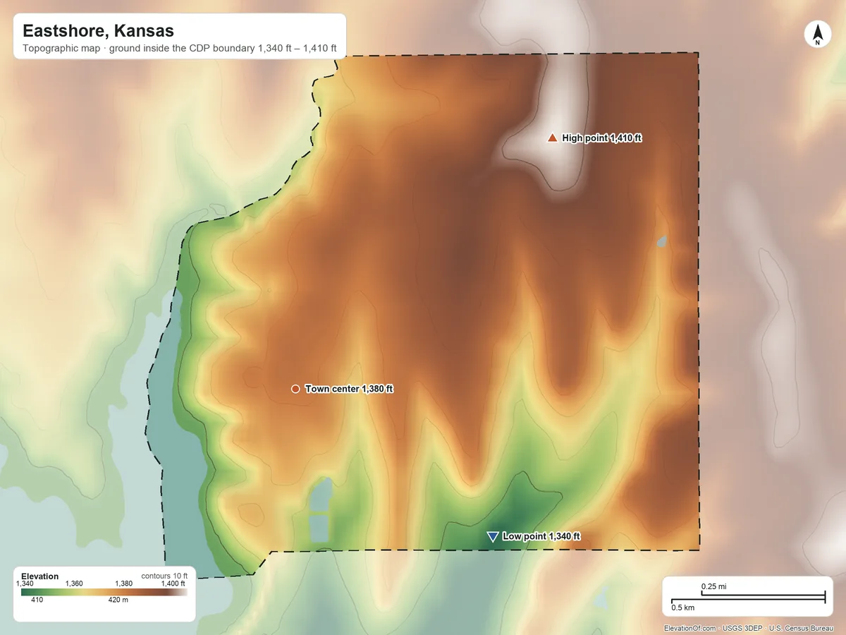 Topographic elevation map of Eastshore, Kansas, shaded from 1,340 ft on the southeast side to 1,410 ft on the northeast side