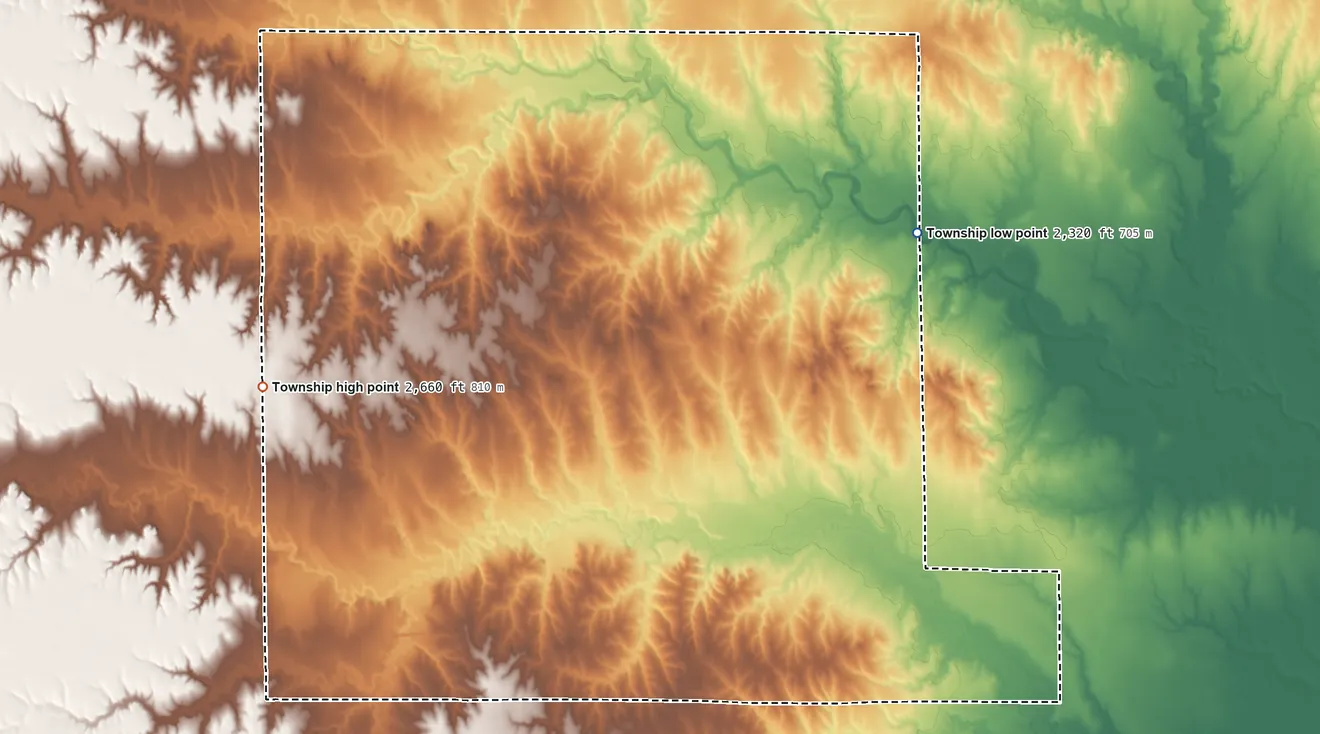 Topographic elevation map of Eden Township, Ness County, Kansas, shaded from 2,320 ft on the northeast side to 2,660 ft on the west side