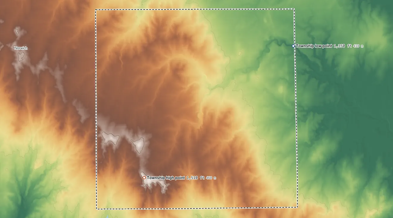 Topographic elevation map of Eden Township, Kansas, shaded from 1,350 ft on the northeast side to 1,510 ft on the southwest side