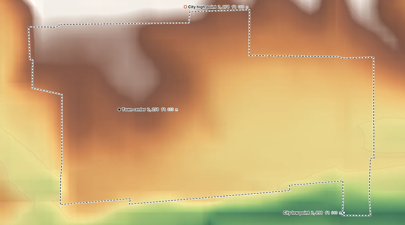 Topographic elevation map of Edmond, Kansas, shaded from 2,090 ft on the southeast side to 2,170 ft on the northeast side