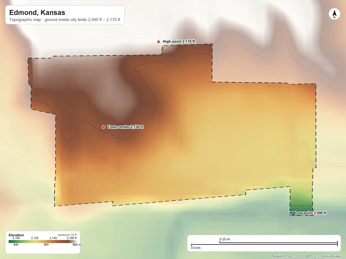 Topographic elevation map of Edmond, Kansas, shaded from 2,090 ft on the southeast side to 2,170 ft on the northeast side