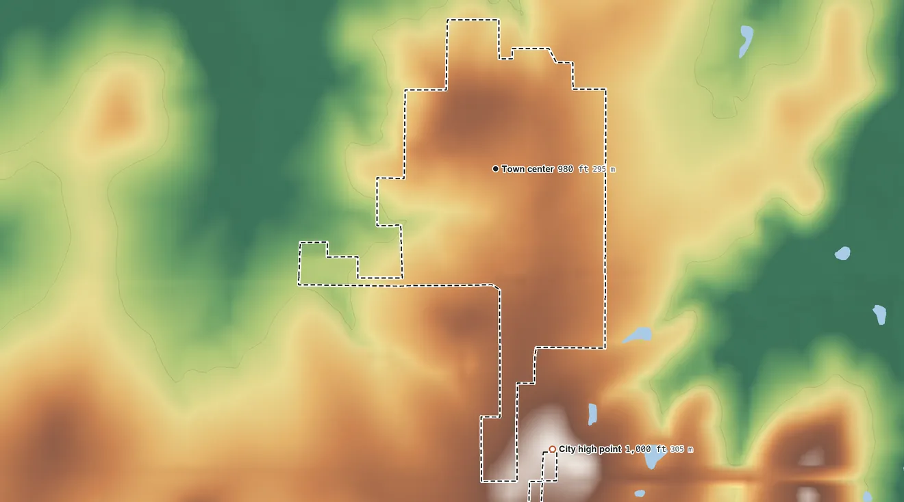 Topographic elevation map of Edna, Kansas, shaded from 950 ft on the north side to 1,000 ft on the south side