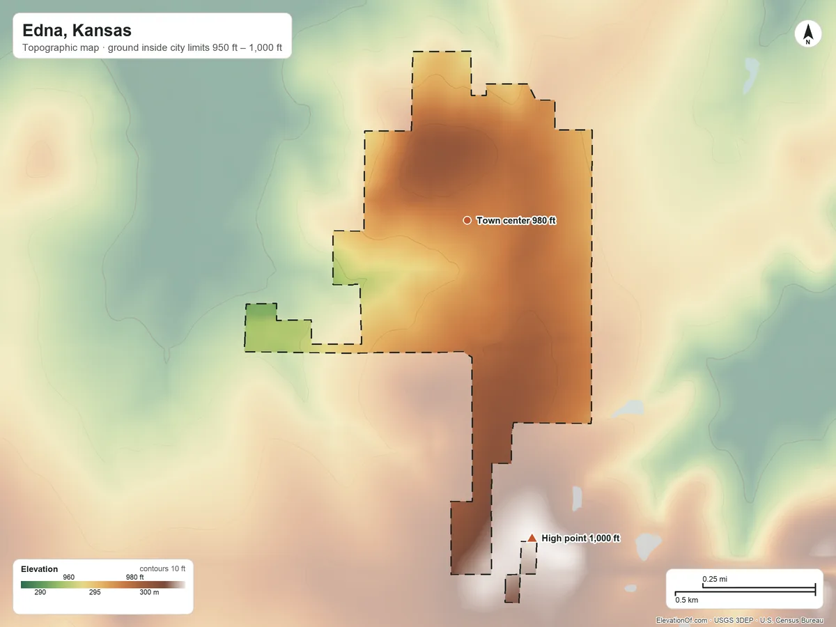 Topographic elevation map of Edna, Kansas, shaded from 950 ft on the north side to 1,000 ft on the south side