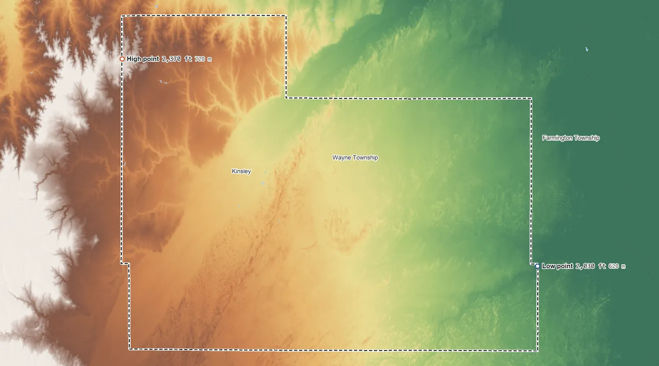Topographic elevation map of Edwards County, Kansas, shaded from 2,030 ft on the east side to 2,370 ft on the northwest side