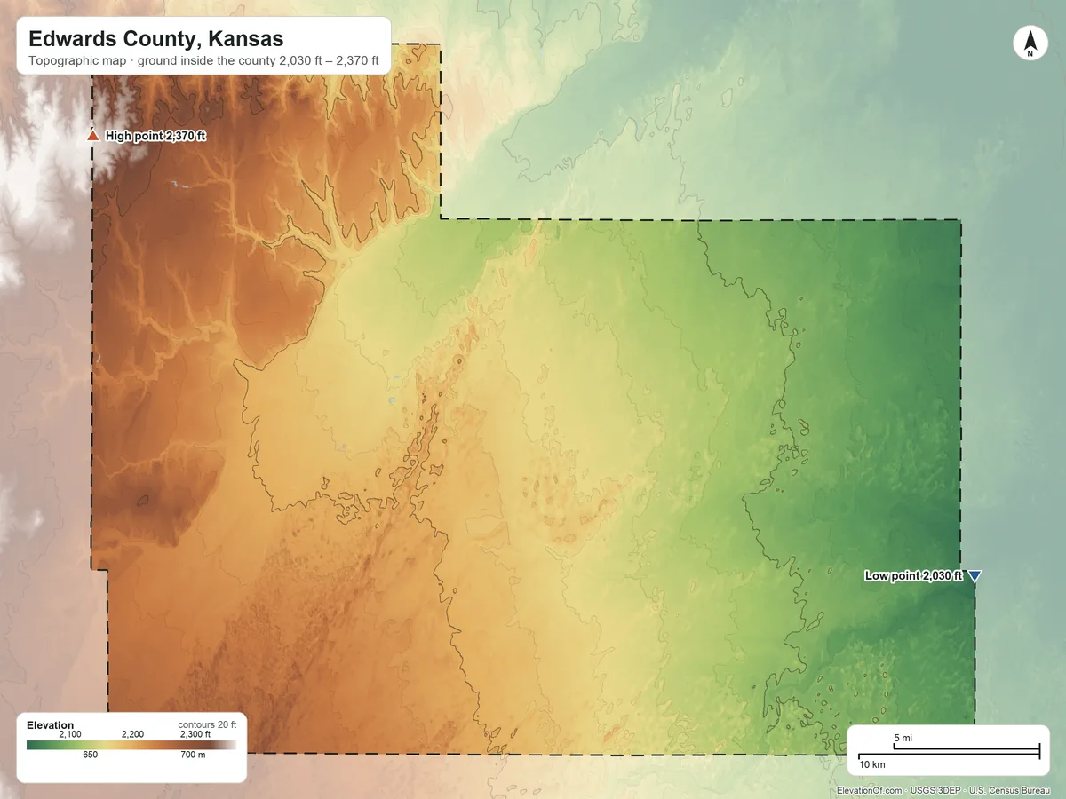 Topographic elevation map of Edwards County, Kansas, shaded from 2,030 ft on the east side to 2,370 ft on the northwest side