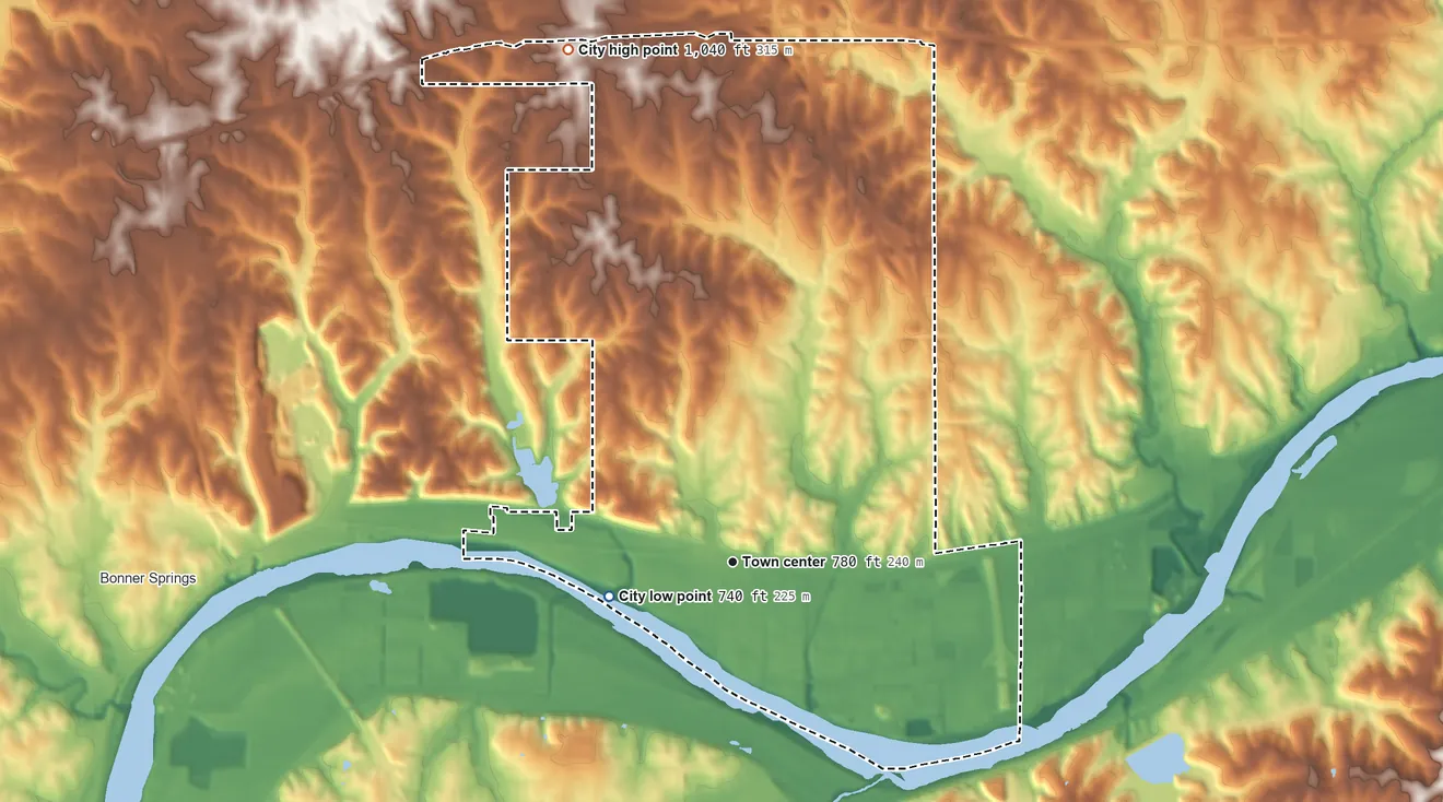 Topographic elevation map of Edwardsville, Kansas, shaded from 740 ft on the west side to 1,040 ft on the north side