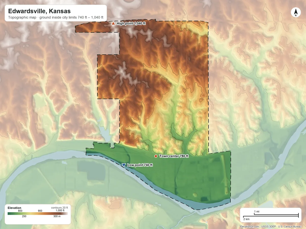 Topographic elevation map of Edwardsville, Kansas, shaded from 740 ft on the west side to 1,040 ft on the north side