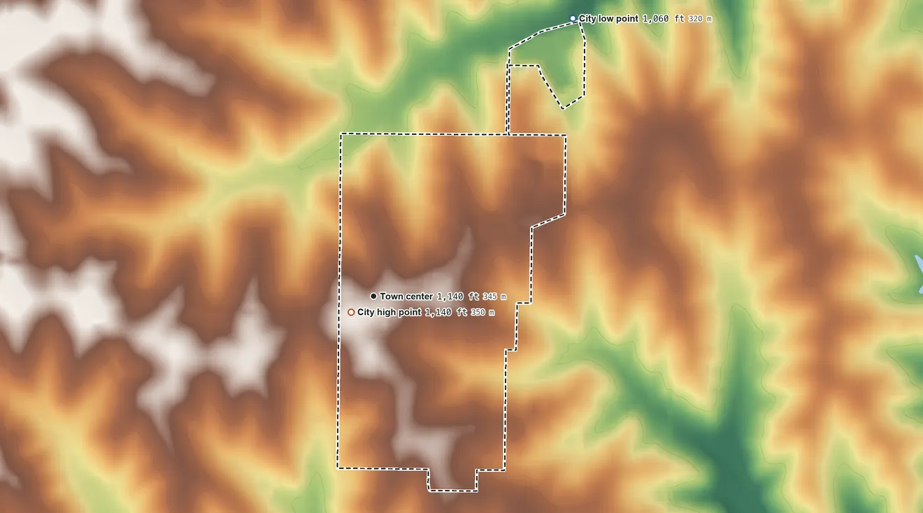 Topographic elevation map of Effingham, Kansas, shaded from 1,060 ft on the northeast side to 1,140 ft near the middle