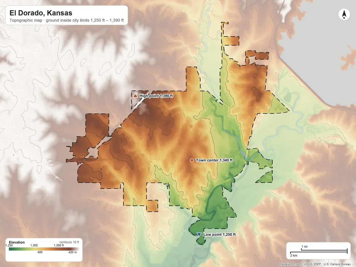 Topographic elevation map of El Dorado, Kansas, shaded from 1,250 ft on the south side to 1,390 ft on the northwest side