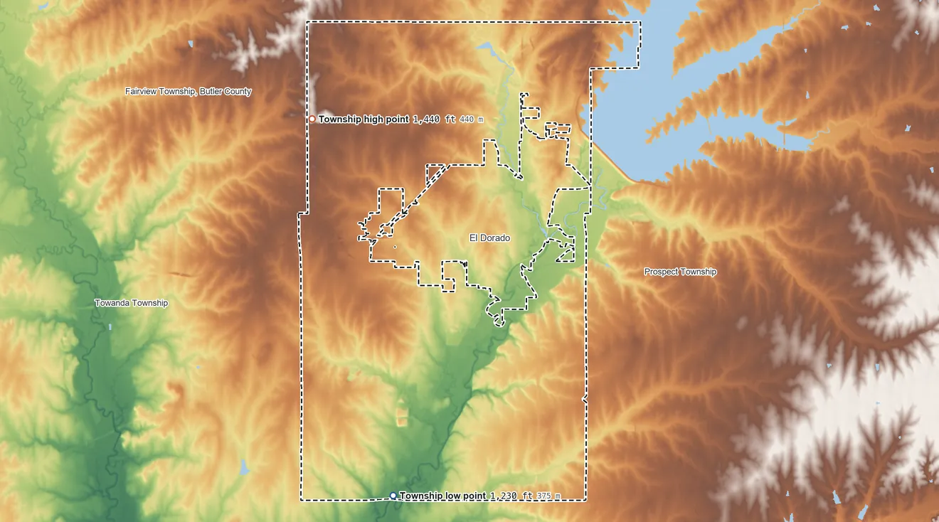 Topographic elevation map of El Dorado Township, Kansas, shaded from 1,230 ft on the south side to 1,440 ft on the northwest side