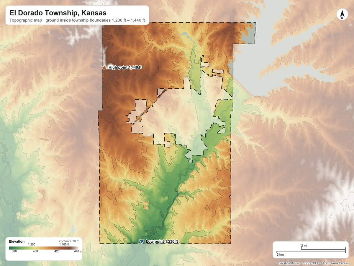 Topographic elevation map of El Dorado Township, Kansas, shaded from 1,230 ft on the south side to 1,440 ft on the northwest side