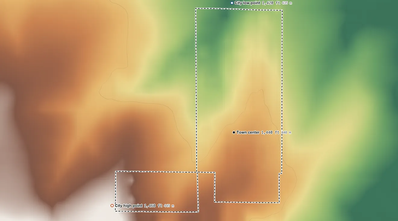 Topographic elevation map of Elbing, Kansas, shaded from 1,420 ft on the north side to 1,460 ft on the southwest side