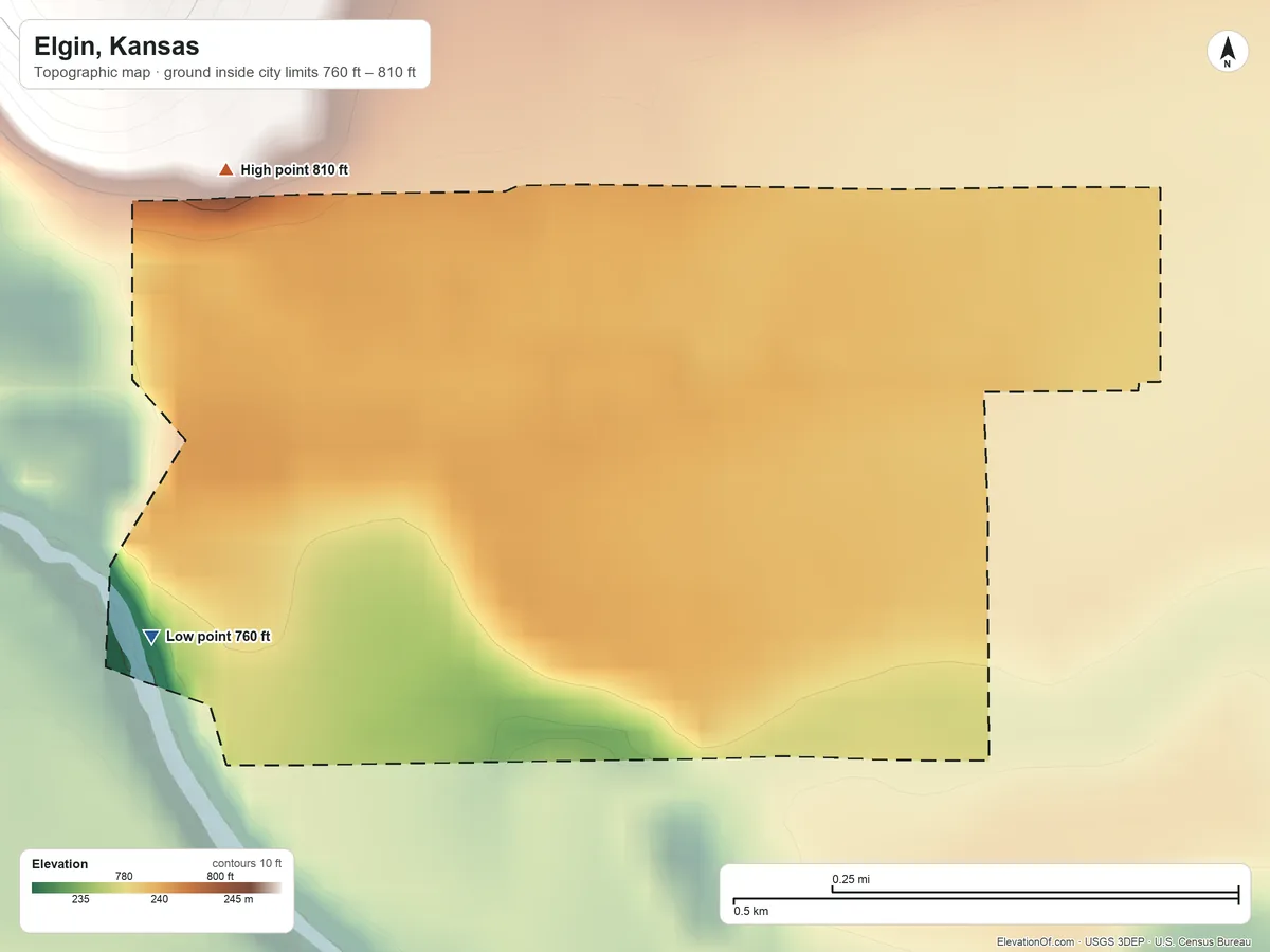 Topographic elevation map of Elgin, Kansas, shaded from 760 ft on the southwest side to 810 ft on the west side