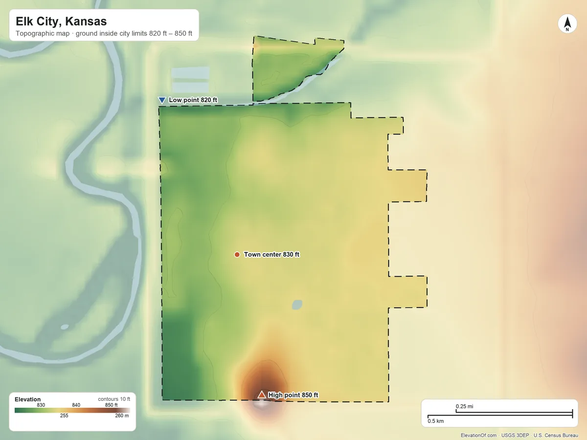 Topographic elevation map of Elk City, Kansas, shaded from 820 ft on the northwest side to 850 ft on the south side