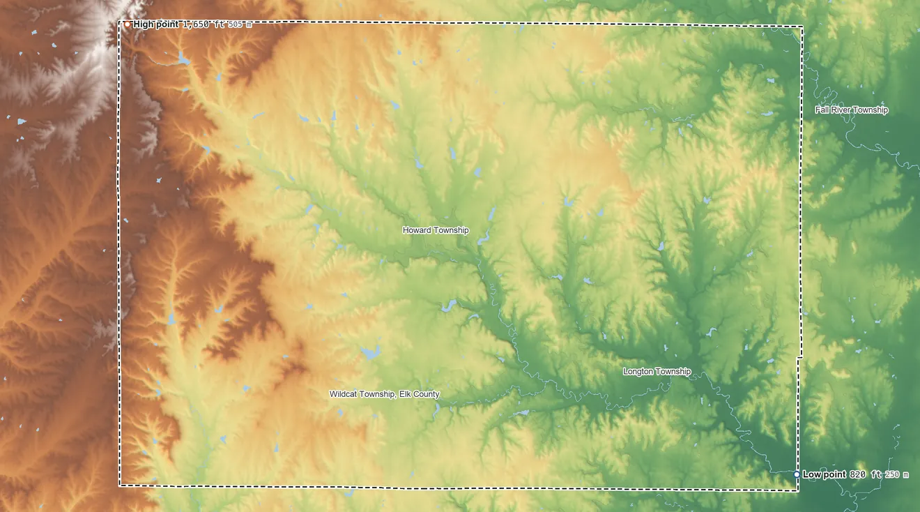 Topographic elevation map of Elk County, Kansas, shaded from 820 ft on the southeast side to 1,650 ft on the northwest side