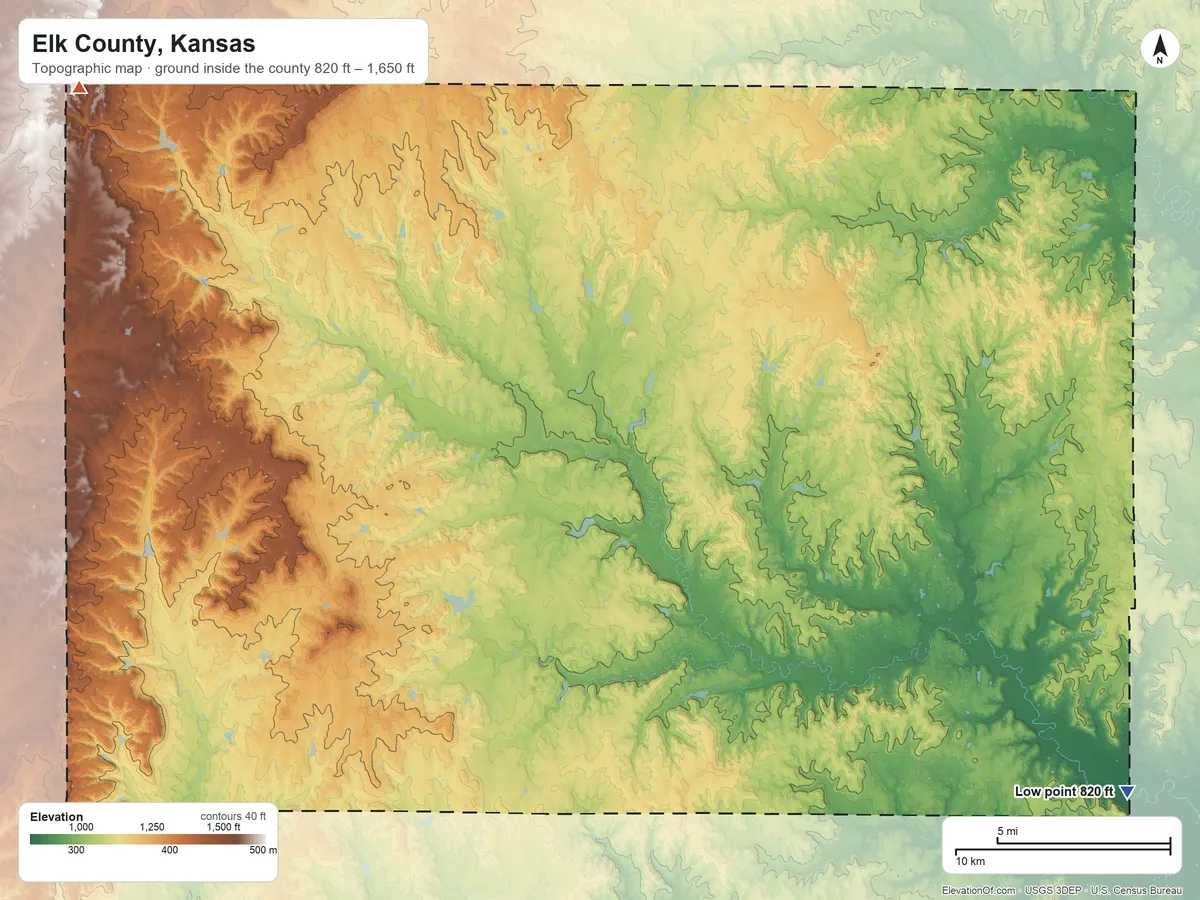 Topographic elevation map of Elk County, Kansas, shaded from 820 ft on the southeast side to 1,650 ft on the northwest side