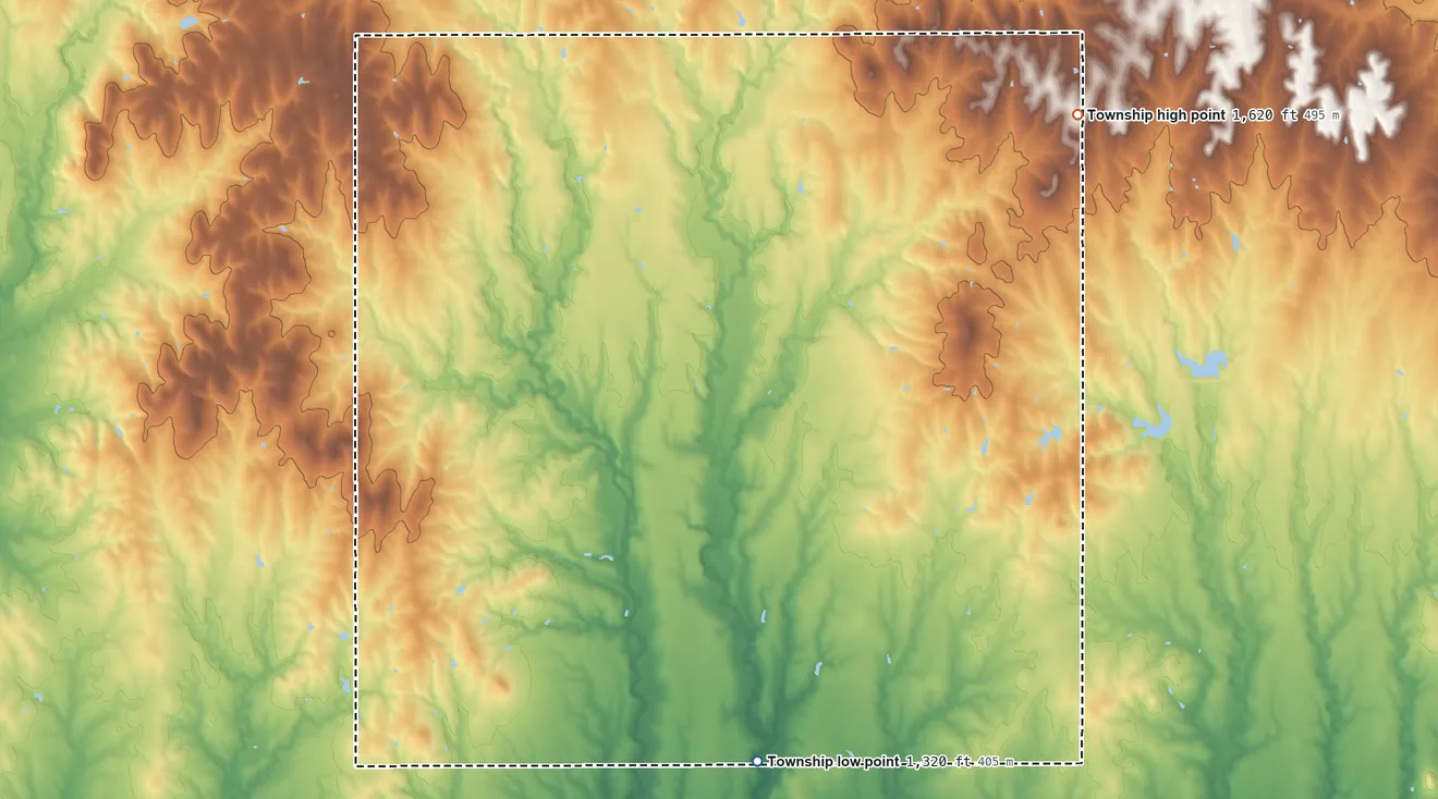 Topographic elevation map of Elk Creek Township, Kansas, shaded from 1,320 ft on the south side to 1,620 ft on the northeast side