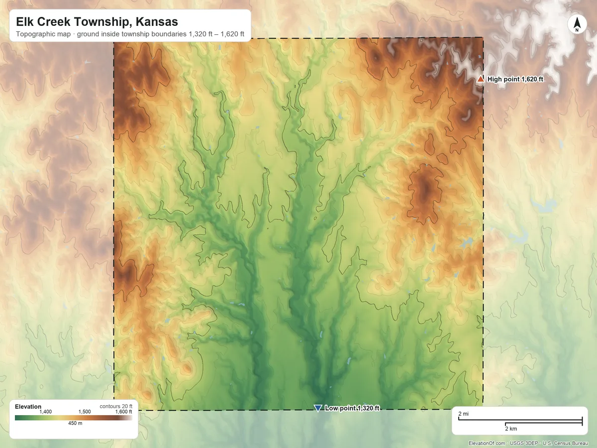 Topographic elevation map of Elk Creek Township, Kansas, shaded from 1,320 ft on the south side to 1,620 ft on the northeast side