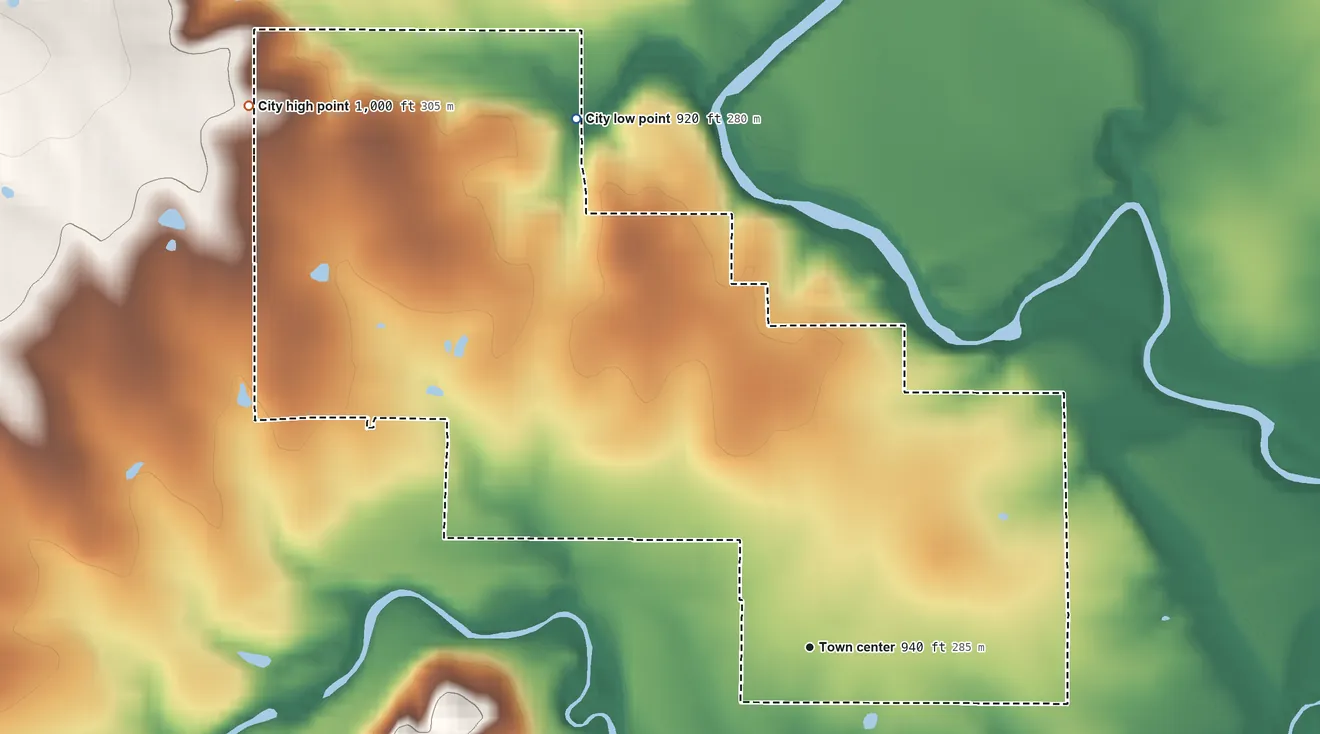 Topographic elevation map of Elk Falls, Kansas, shaded from 920 ft on the northwest side to 1,000 ft on the northwest side