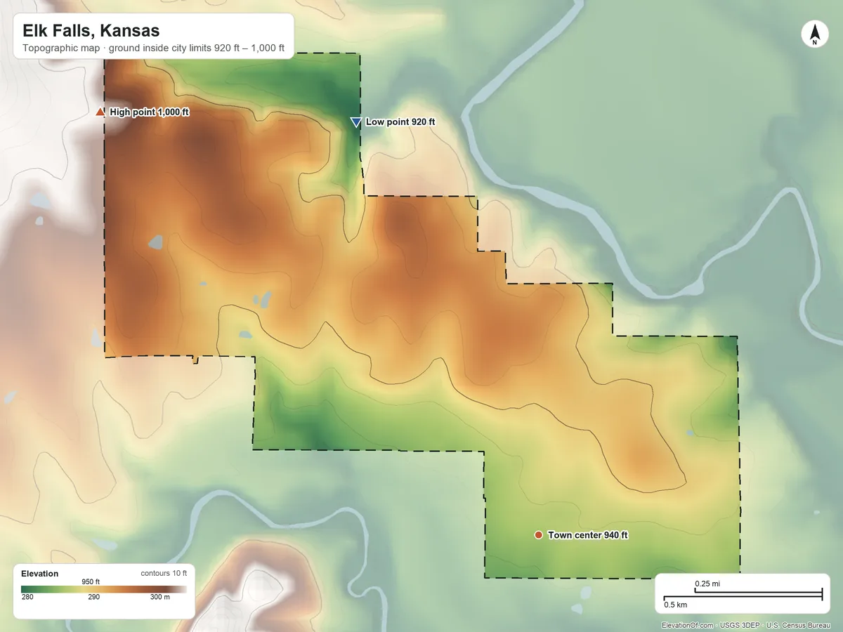 Topographic elevation map of Elk Falls, Kansas, shaded from 920 ft on the northwest side to 1,000 ft on the northwest side