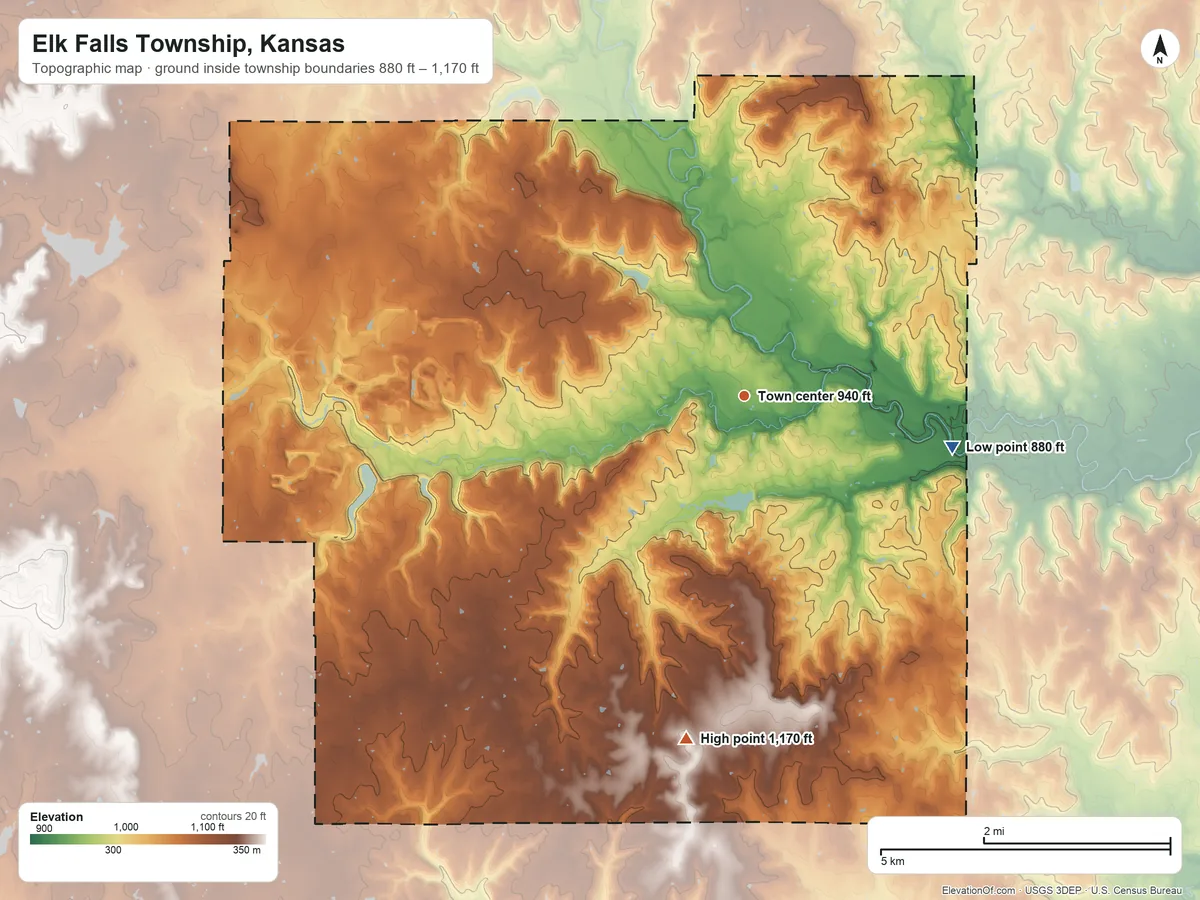 Topographic elevation map of Elk Falls Township, Kansas, shaded from 880 ft on the east side to 1,170 ft on the south side