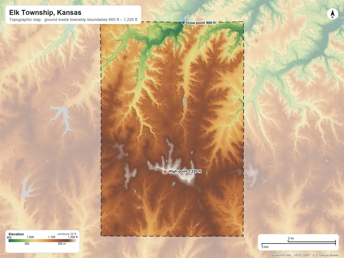 Topographic elevation map of Elk Township, Kansas, shaded from 900 ft on the north side to 1,220 ft near the middle