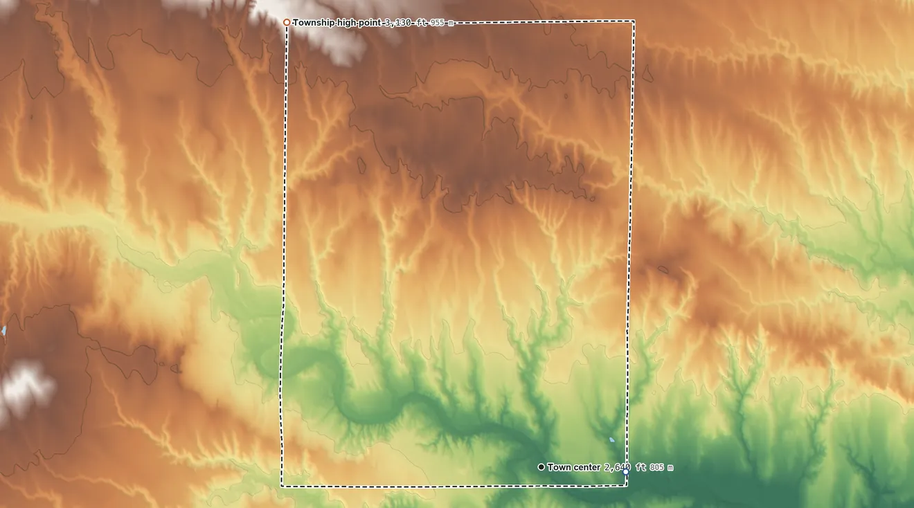 Topographic elevation map of Elkader Township, Kansas, shaded from 2,620 ft on the east side to 3,130 ft on the northwest side