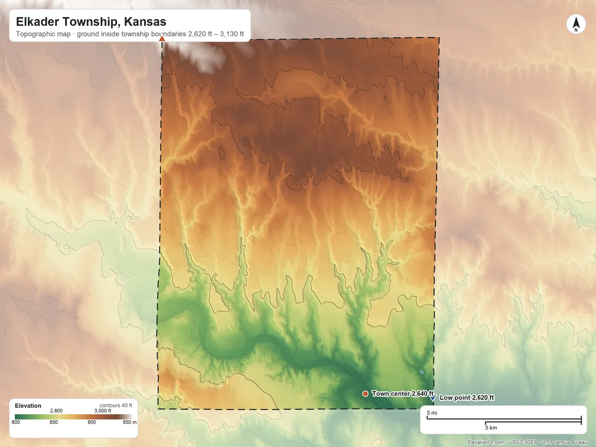 Topographic elevation map of Elkader Township, Kansas, shaded from 2,620 ft on the east side to 3,130 ft on the northwest side