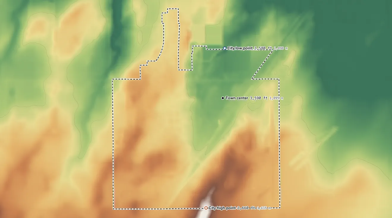 Topographic elevation map of Elkhart, Kansas, shaded from 3,580 ft on the north side to 3,660 ft on the south side